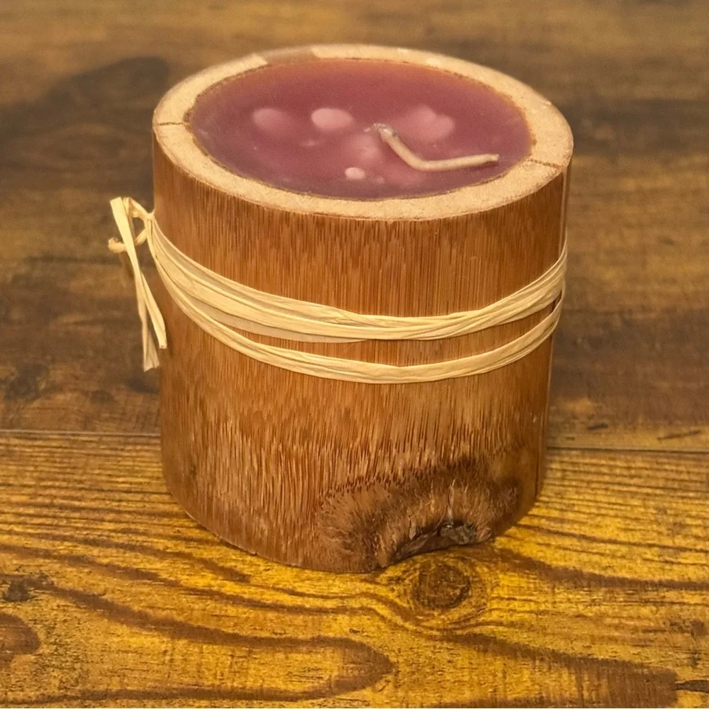 Rustic Wood Bamboo Style Candle ~3in‎ Plum Wax Raffia Tie Boho Decor